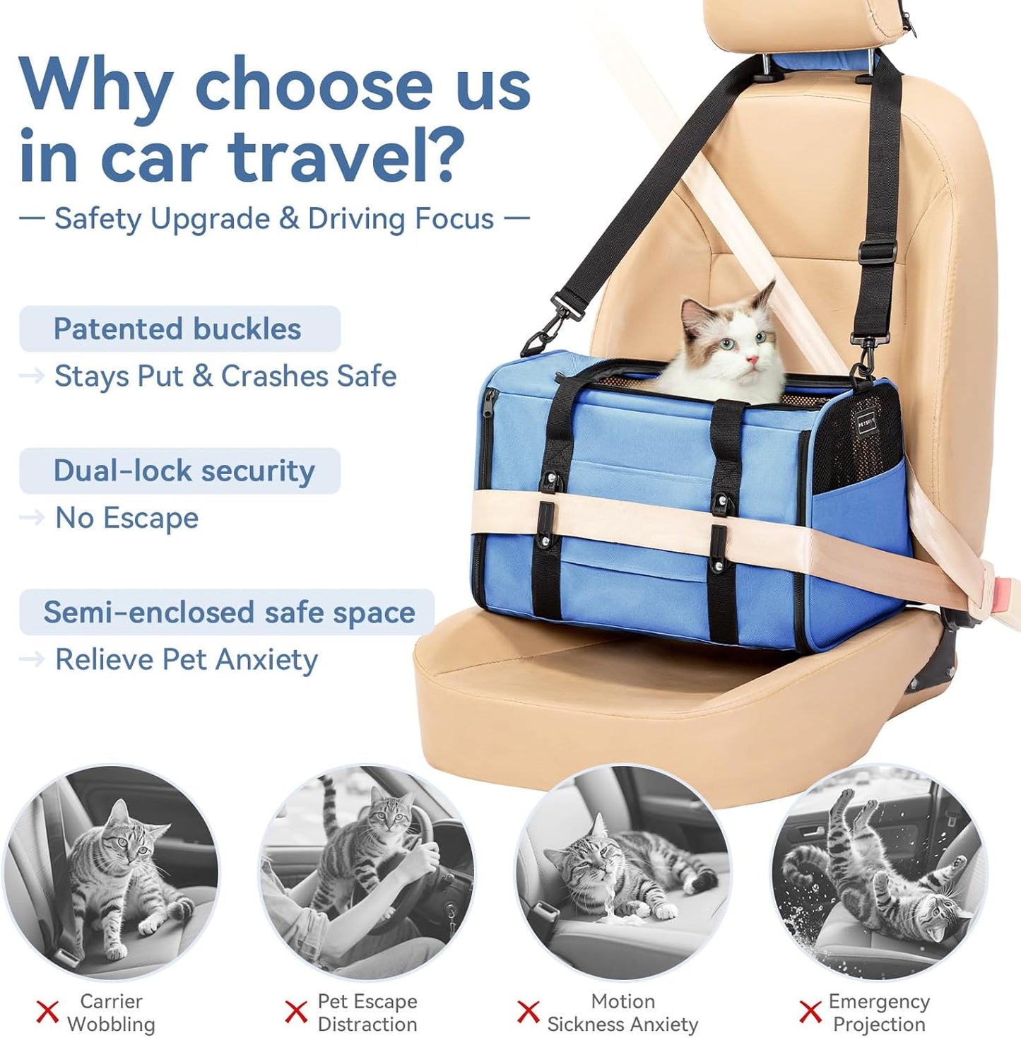 PETSFIT Soft-Sided Cat Carriers & Car Seats with Patent Safe Buckles, Clip-On Harness, 19"x12"x12" Pet Travel Carrier - 20 lbs Capacity (Blue)
