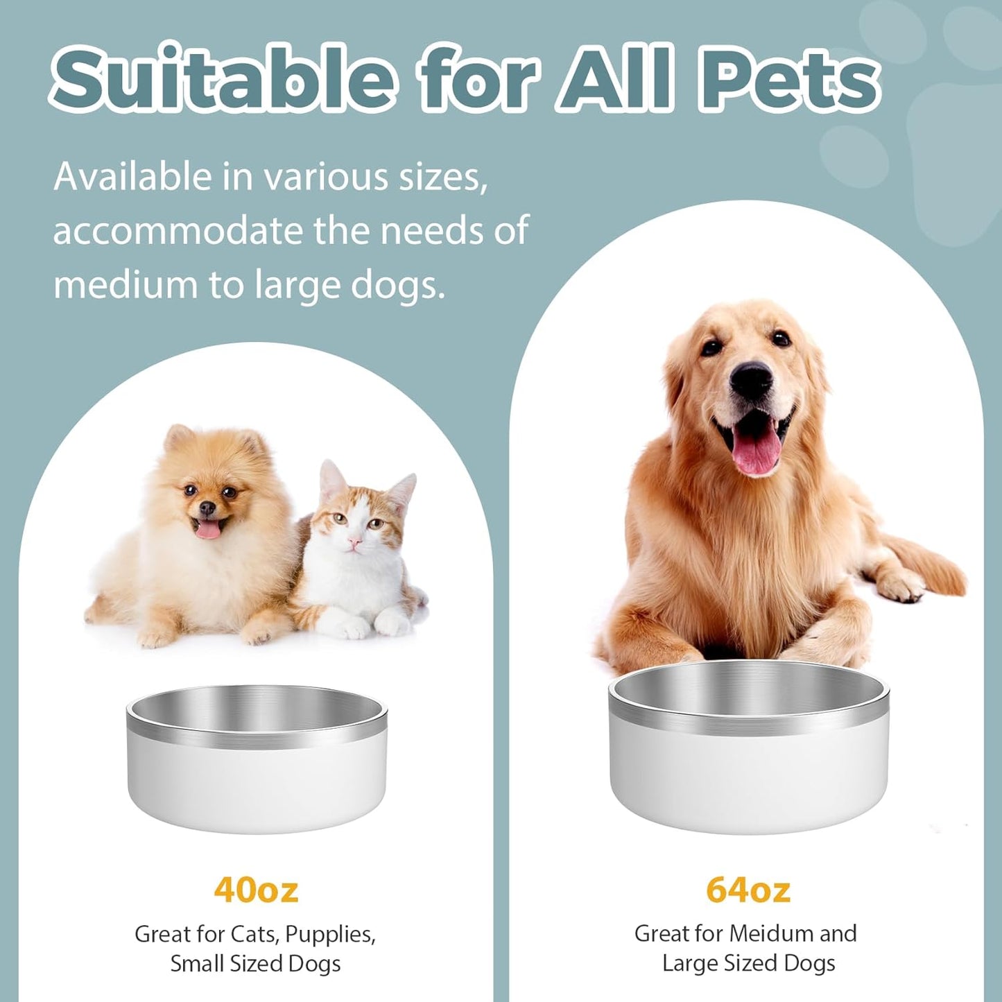 LIANLAI Dog Bowls Large Sized Dishes, Rust-Resistant Stainless Steel Dog Bowls, No Spill Pet Water Bowl, Double-Walled Puppy Bowl (White，64 oz)