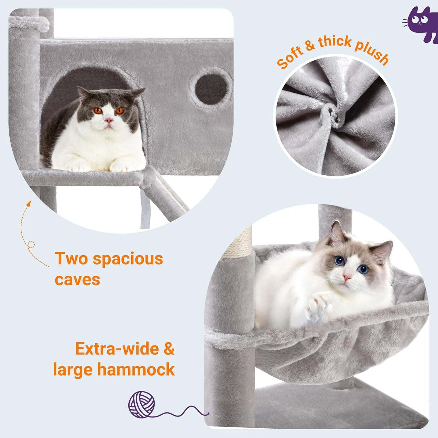 Allewie 81 Inches Tall Cat Tree/Multi-Level Large Climbing Tree House and Towers for Big Feline/Condo and Hammock/Scratching Post/Wide Base/Grey