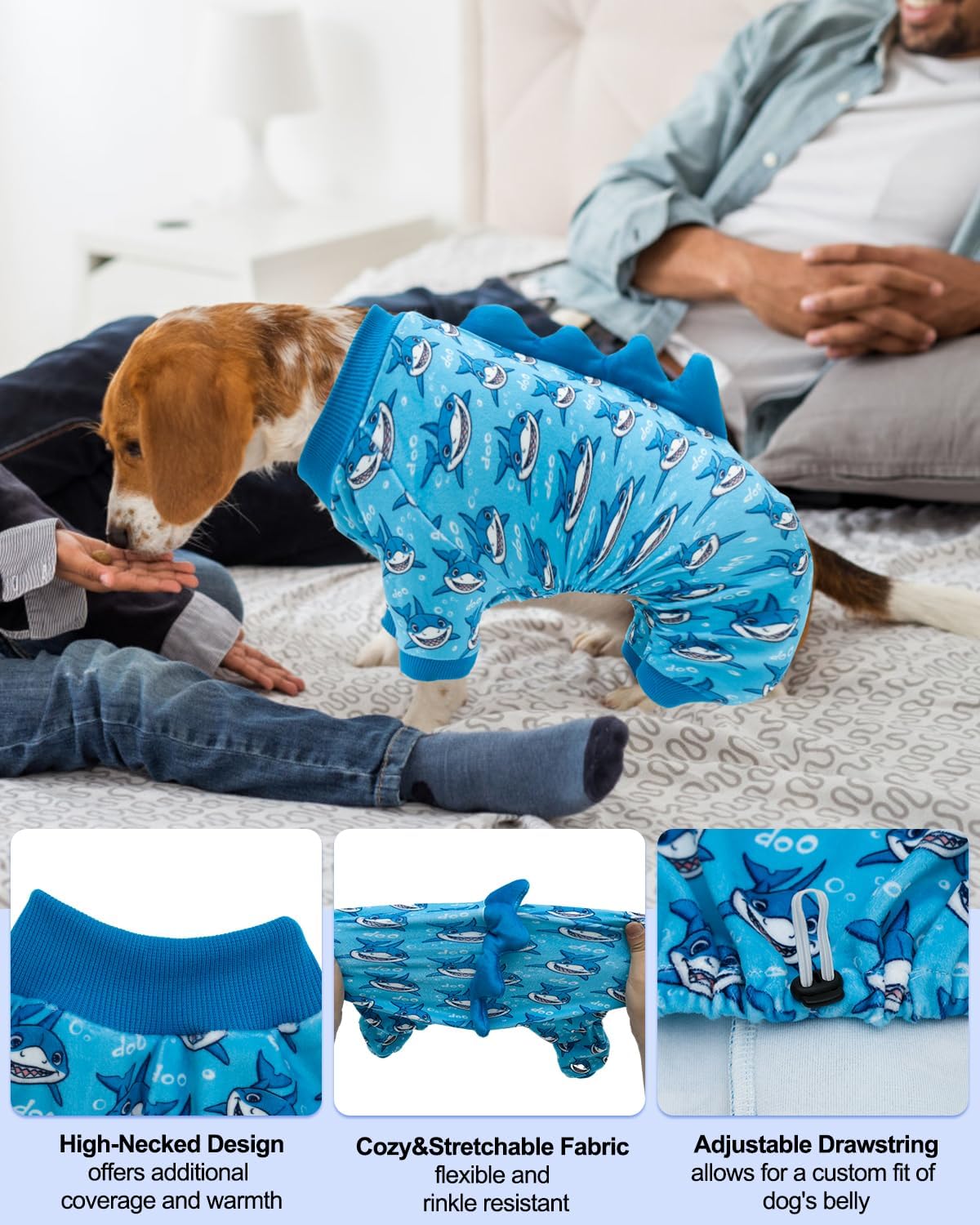 CuteBone Shark Costume Dog Pajamas, Stretchy Spandex Crystal Velvet Sleepwear Coat for Small Dogs, Soft & Warm Pet Outfit Clothes for Cold Weather, Cozy Pullover Design COSP07L