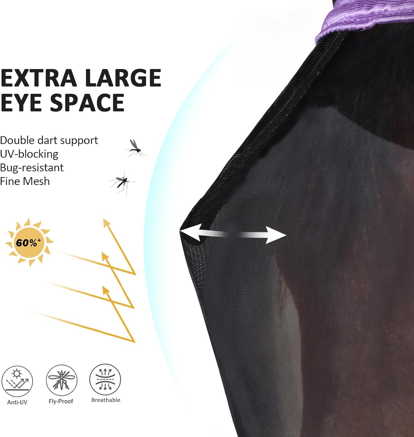 Harrison Howard Pro Luminous Horse Half Face Fly Mask Large Eye Space with Ears UV Protection for Horse Gentle Lavendar L