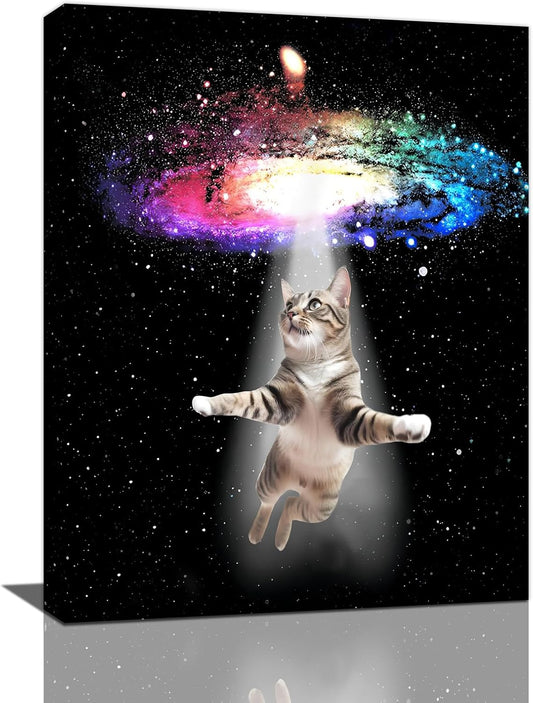 Funny Cat Wall Art Canvas Galaxy Wall Decor Prints Framed Painting Animal Pictures Gifts Artwork for Bathroom Living Dining Kitchen 12"x16"