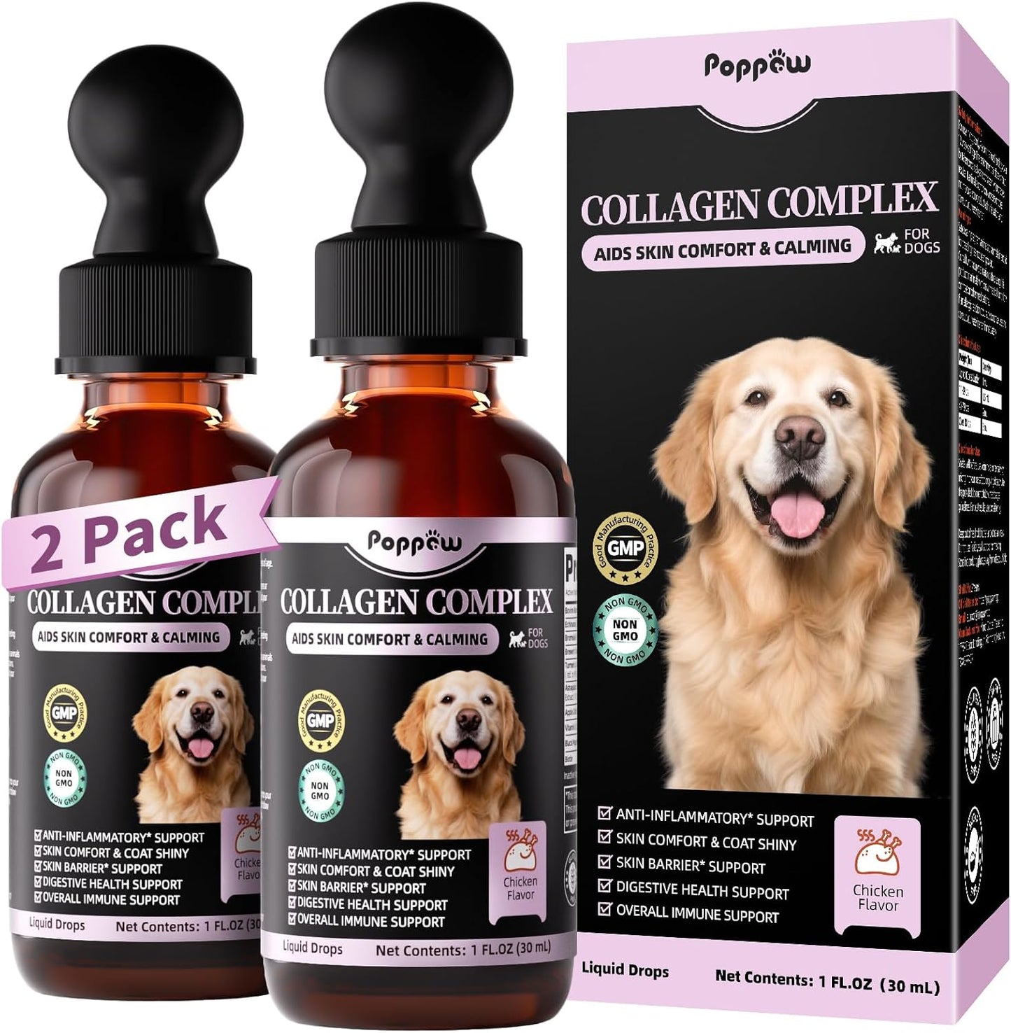 Liquid Collagen for Dogs Skin Comfort & Calming, Dog Itch Relief & Anti-Scratching & Coat Supplement with Biotin for Skin Barrier & Sensitive Immune Health Support - Chicken Flavor, 2 FL.Oz