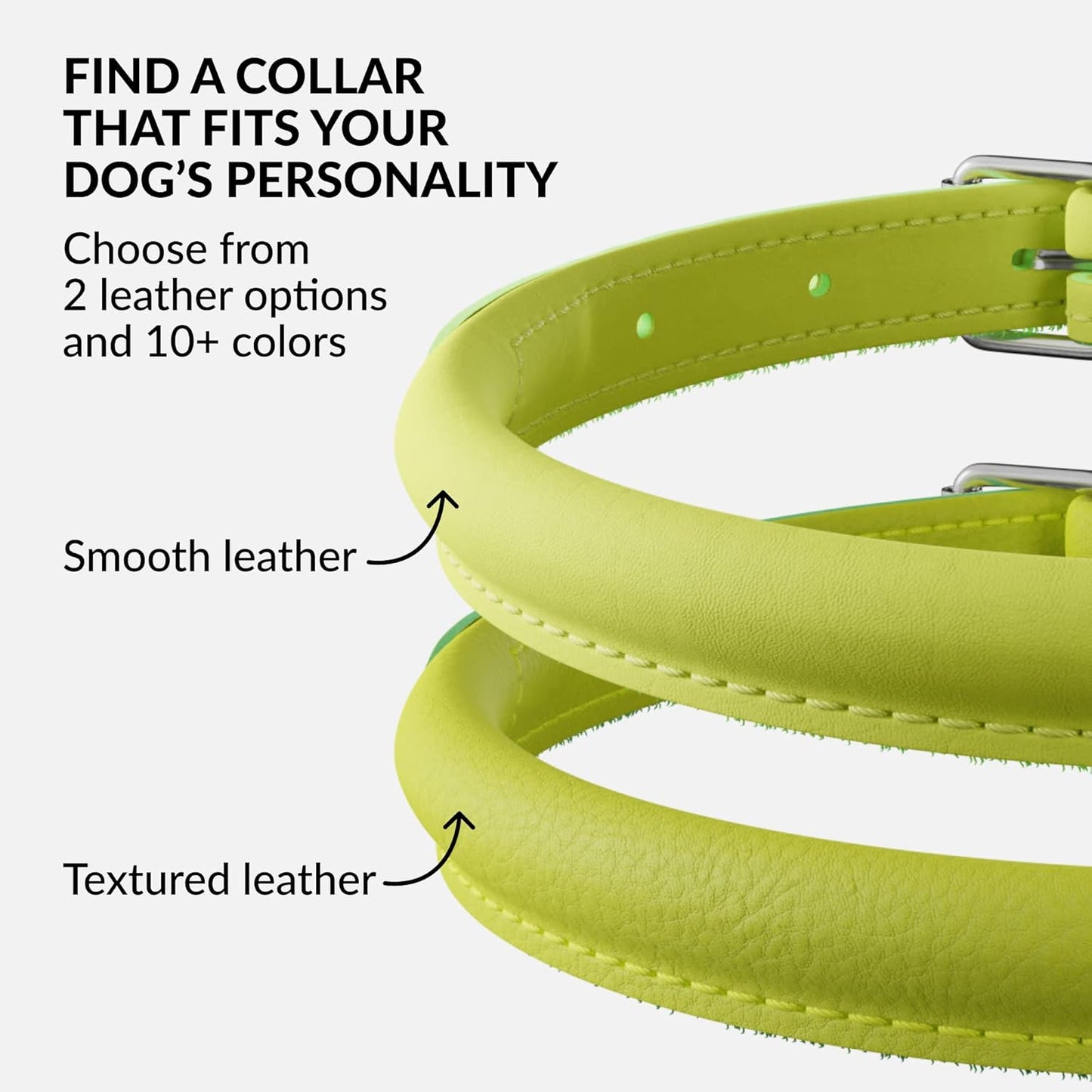 CollarDirect Rolled Leather Dog Collar, Soft Padded Round Puppy Collar, Handmade Genuine Leather Collar Dog Small Large Cat Collars 13 Colors (11-14 Inch, Lime Green Smooth)