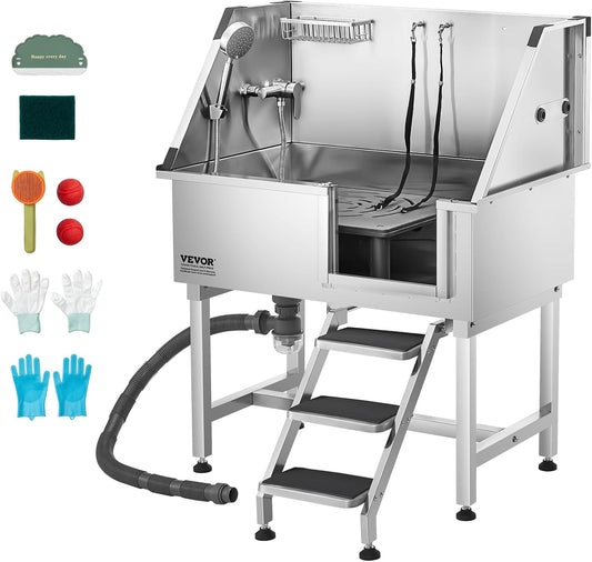 VEVOR Stainless Steel Dog Washing Station, 38 inch Pet Grooming Tub w/Storage Stairs, Faucet & Showerhead & Soap Holder Dog Bathtub for Medium & Small Pets (Right Door)