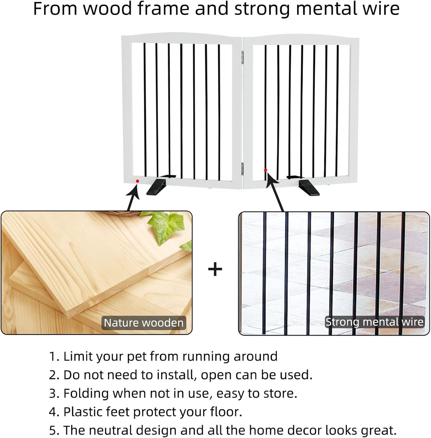 ZJSF Freestanding Foldable Indoor Dog Fence for Stairs Wood White Long Pet Gates for Dogs, Dog Gates for Hallways,Puppy Gates for House Support Feet Included 24 "Height-2 Panels