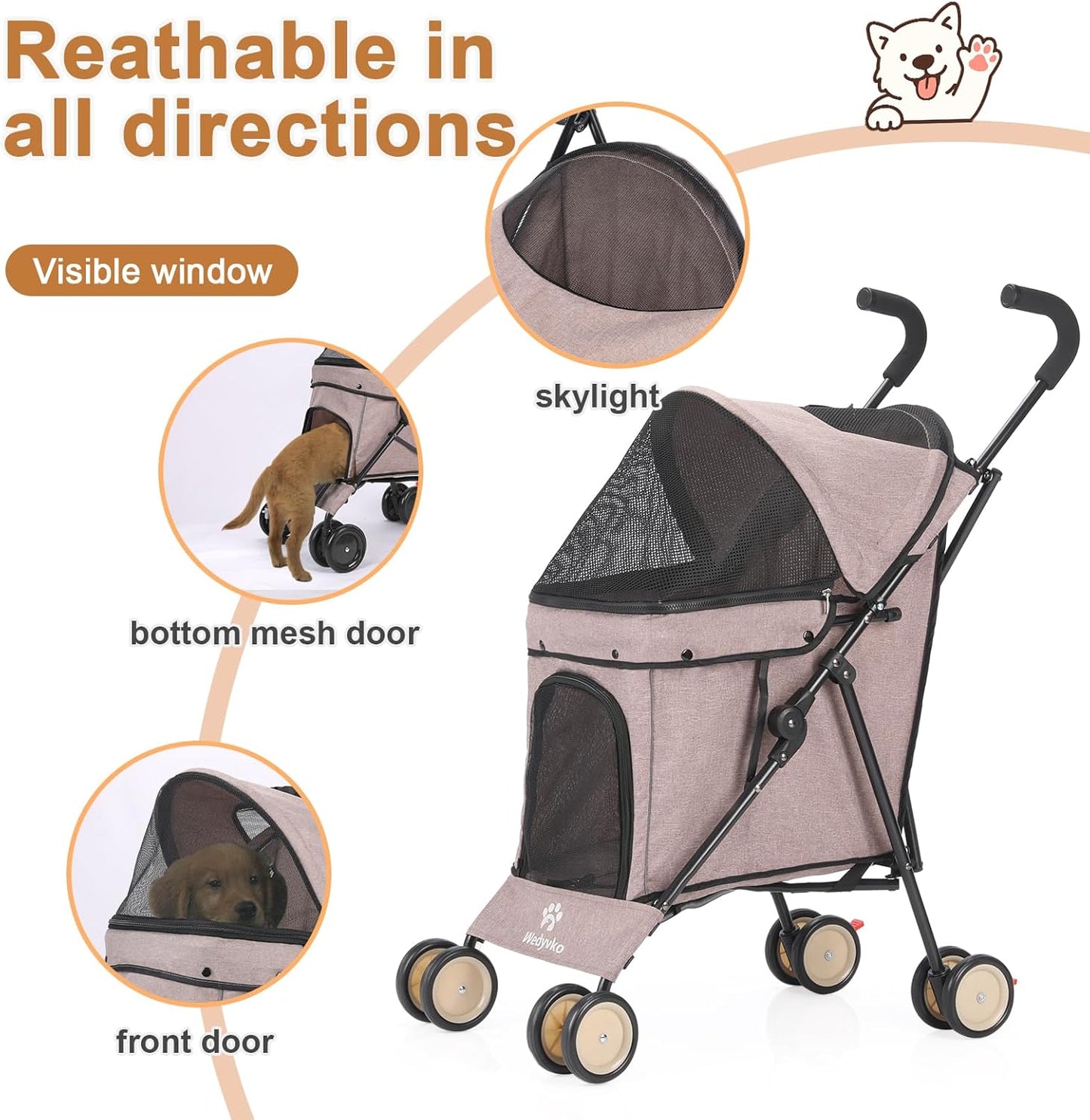 Umbrella Dog Stroller, 4 Wheels Pet Strolling, Foldable Carrier Pet Stroller for Small Dogs Cats, with Carrying Strap and Cup Holder, Dog Poop Bags & Dispenser, Up to 33 lbs, Coffee