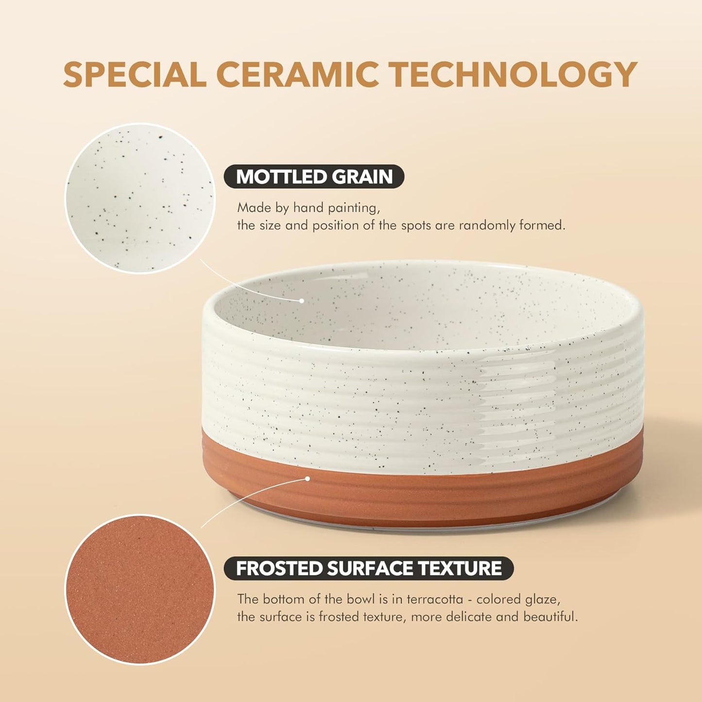 Ceramic 5.1inch Raised Dog and Cat Bowl Set, 2 Heights Elevated Wooden Stand for Puppy, Kitty, Cats, Weighted Pet Food and Water Dishes(5.1'',13.5oz, Vanilla White)