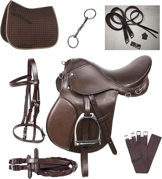 Leather English Riding Horse Saddle Starter Kit Brown Saddle Combo Pack Set of 7 pcs