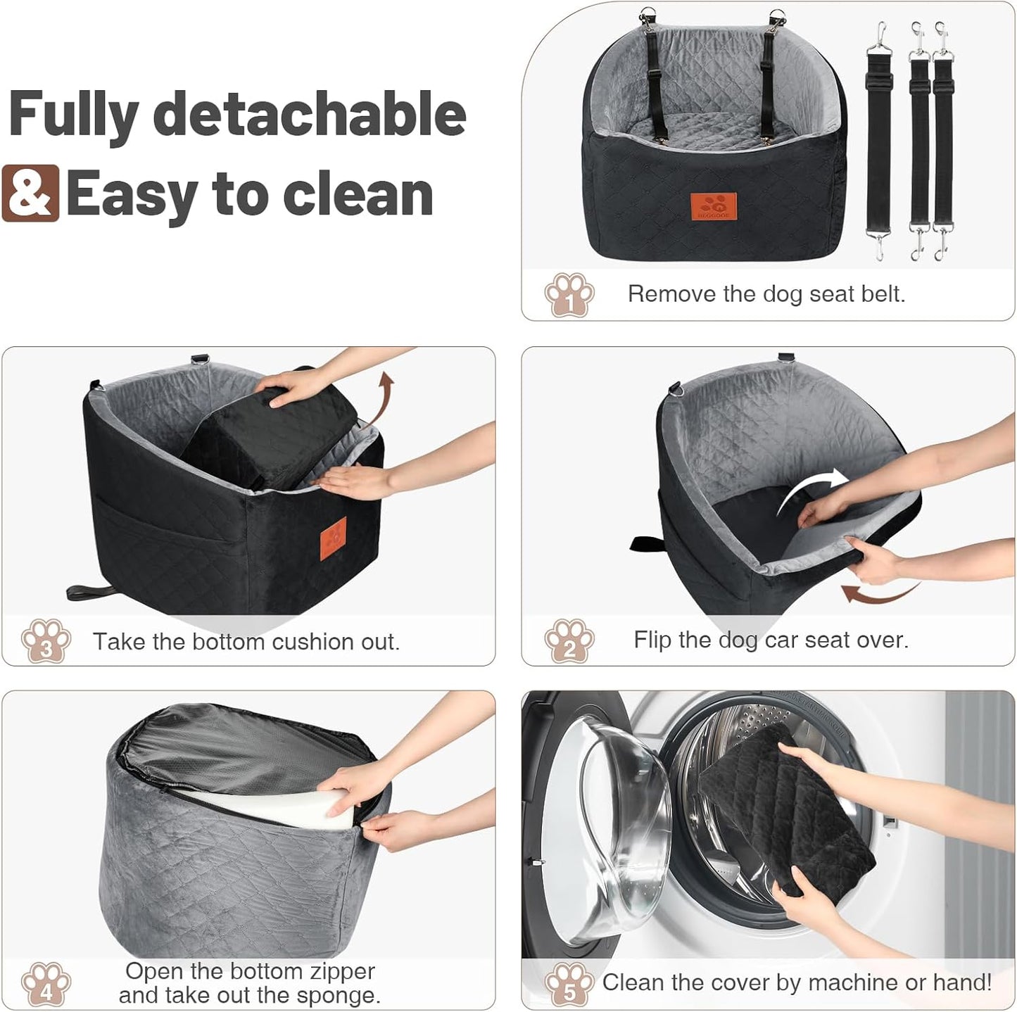 Dog Car Seat for Small Medium Dogs, Memory Foam Booster Car Seat for Dogs up to 35 lbs, Elevated Pet Car Seat with Washable Removable Cover and Storage Pockets (Black/Gray)