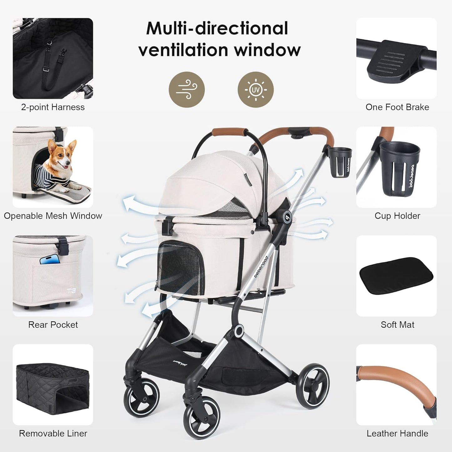 T3 Pro 3-in-1 Pet Stroller for Small Dogs & Cats – Foldable, Lightweight with Detachable Carrier, 180° Canopy & Cup Holder (Beige)