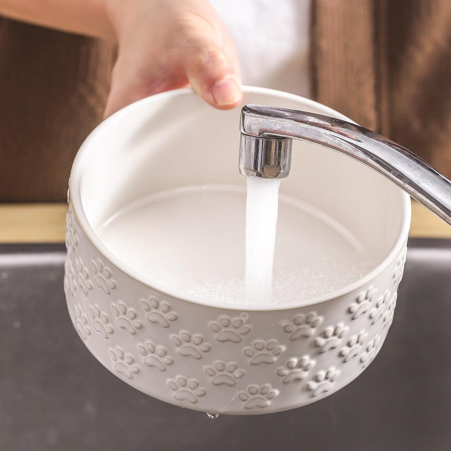 UBEE Ceramic Dog Food Bowl Set of 2, 6.1 inch Dog Dish Bowl with Paw Pattern, Pet Food Water Dish Feeding for Small and Meidum Dogs and Large Cat, White