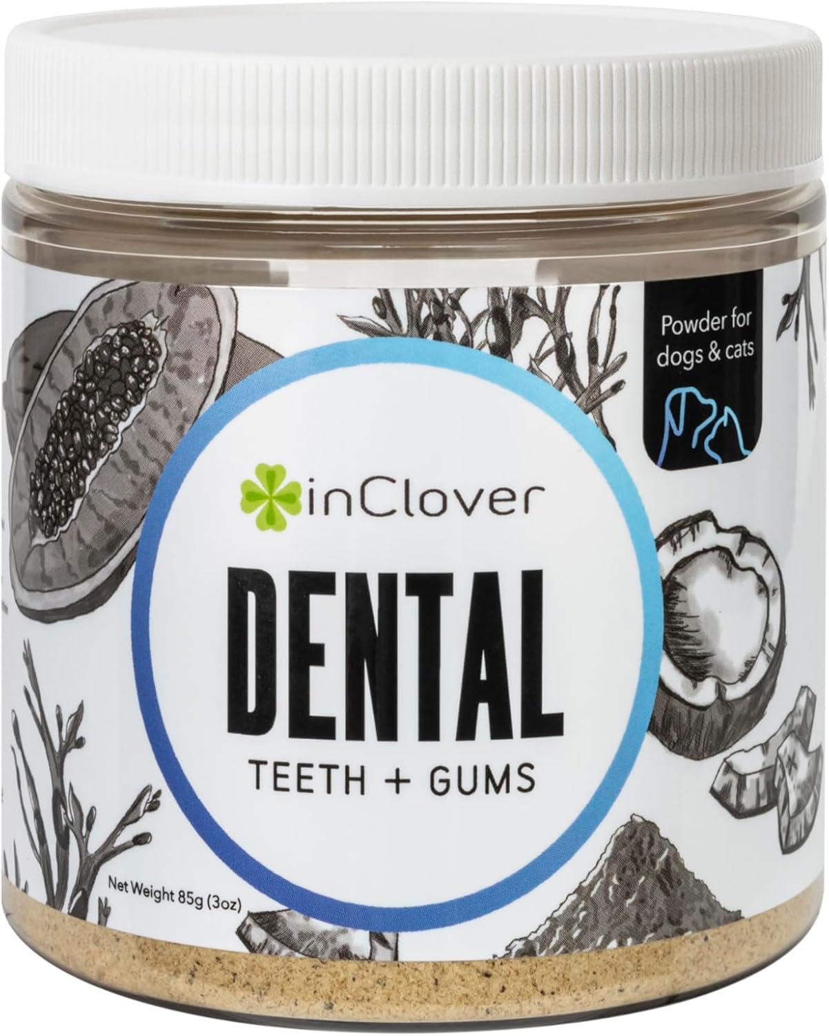 InClover Dog and Cat Dental Powder for Teeth Cleaning and Enamel and Gum Health, Natural Pet Supplement, Breath Freshener - Naturally Flush Away Tartar, No Brushing Necessary