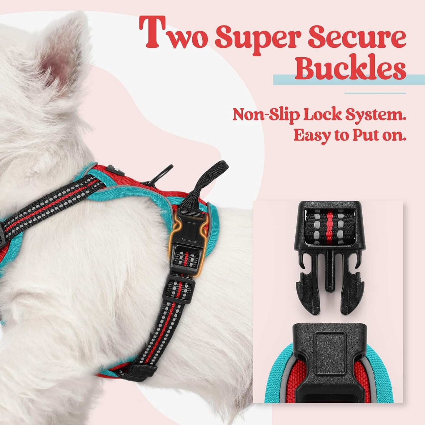 rabbitgoo Dog Harness No Pull with 2 Leash Clips, Adjustable Soft Padded, Reflective Oxford No Choke Pet Vest with Easy Control Handle for Puppy, Red & Teal, XS