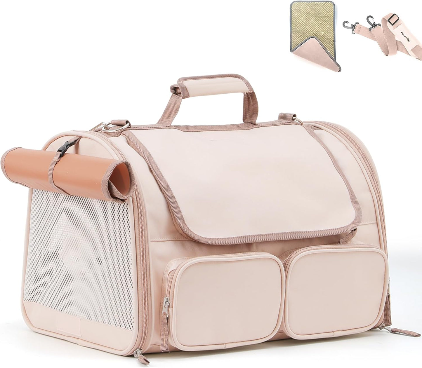 FUKUMARU Cat Carrier, 4 Mesh Windows Small Dog Carrier, 4 Storage Pockets Cat Travel Bag, Under 15 lb Airline Approved Pet Carrier, Rollable Cover for Nervous Cats, Pink