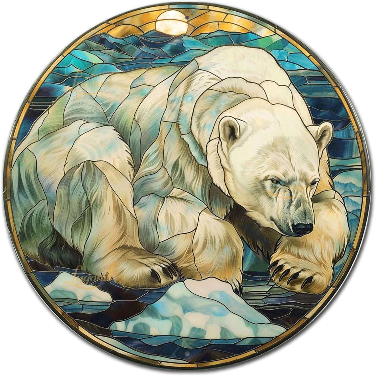 Lygond Metal Sign Tin Sign Circular Stained Glass Polar Bear Garden Tin Sign for Pet 8×8 Inches