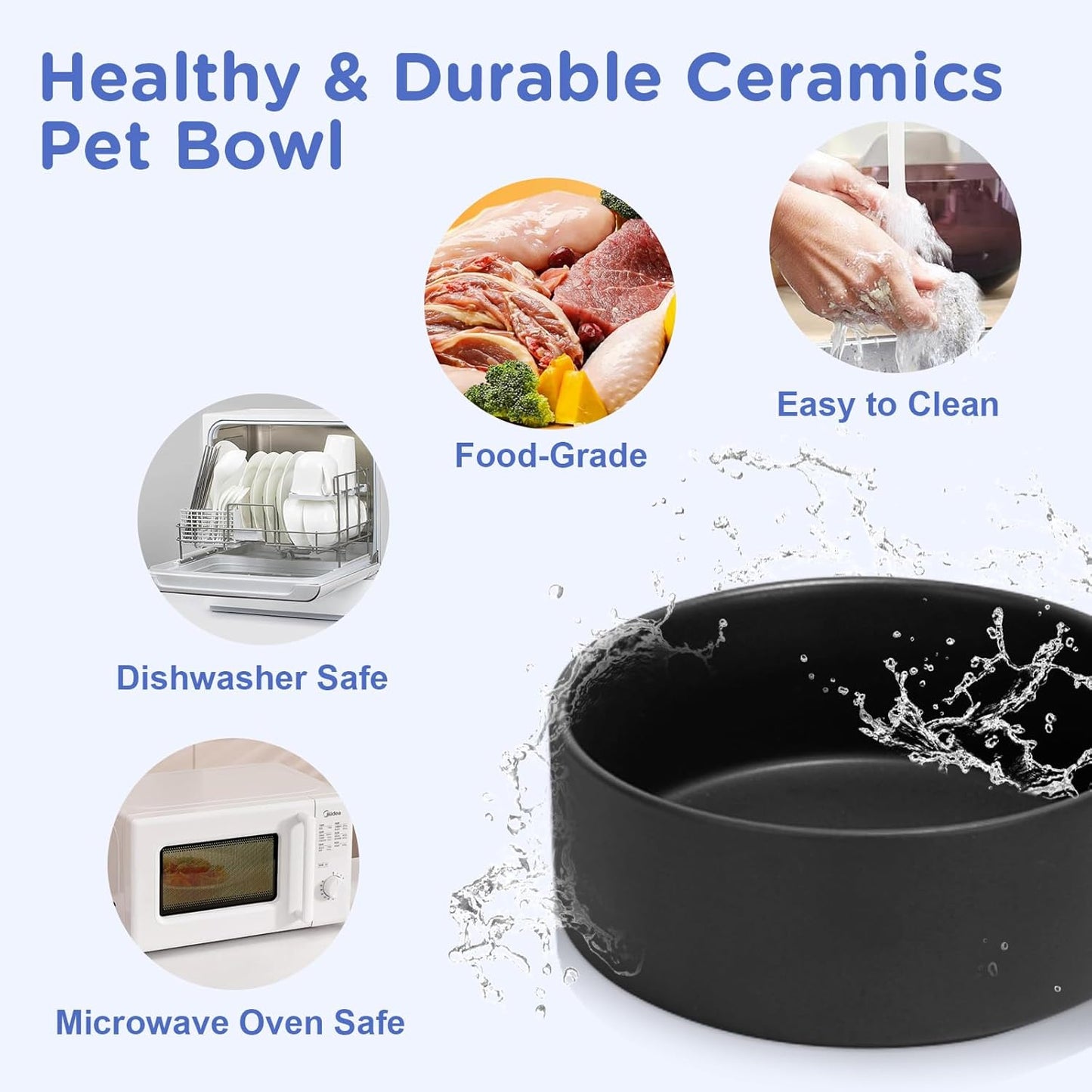 SPUNKYJUNKY Elevated Dog Bowls Ceramic, 6.1'' Dogs and Cat Food Water Bowls Raised with Non-Slip Bamboo Stand for Medium Sized Breed Microwave Dishwasher Safe - 28.7 OZ,Black