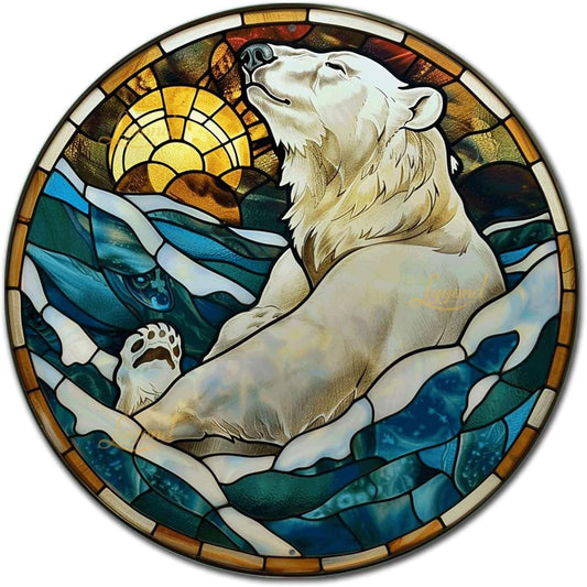 Lygond Metal Sign Tin Sign Circular Stained Glass Polar Bear Boho Decorations For Home For Gift 8×8 Inches