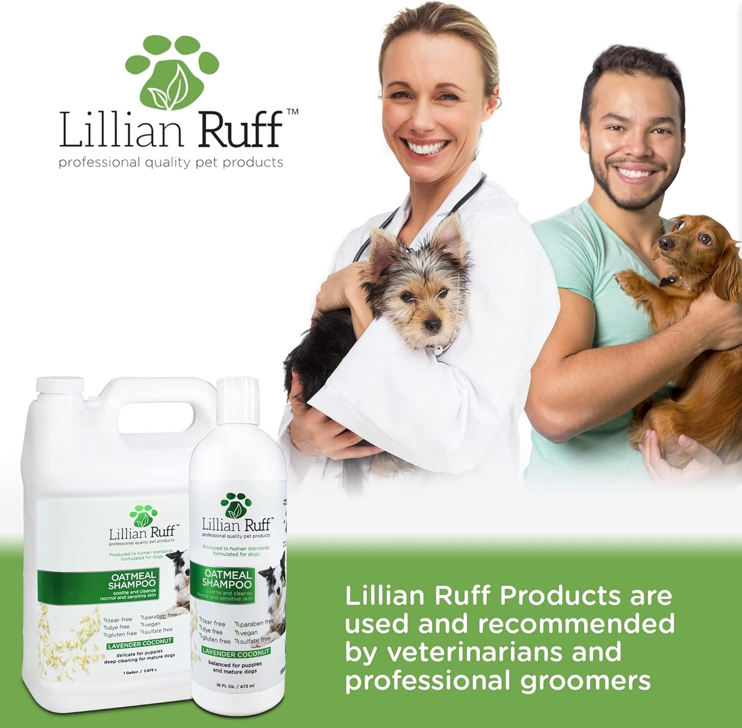 Lillian Ruff Calming Oatmeal Pet Shampoo for Dry Skin & Itch Relief with Aloe & Hydrating Essential Oils - Replenish Moisture & Deodorize - Gentle Dog Shampoo for Normal/Sensitive Skin (16oz & Brush)