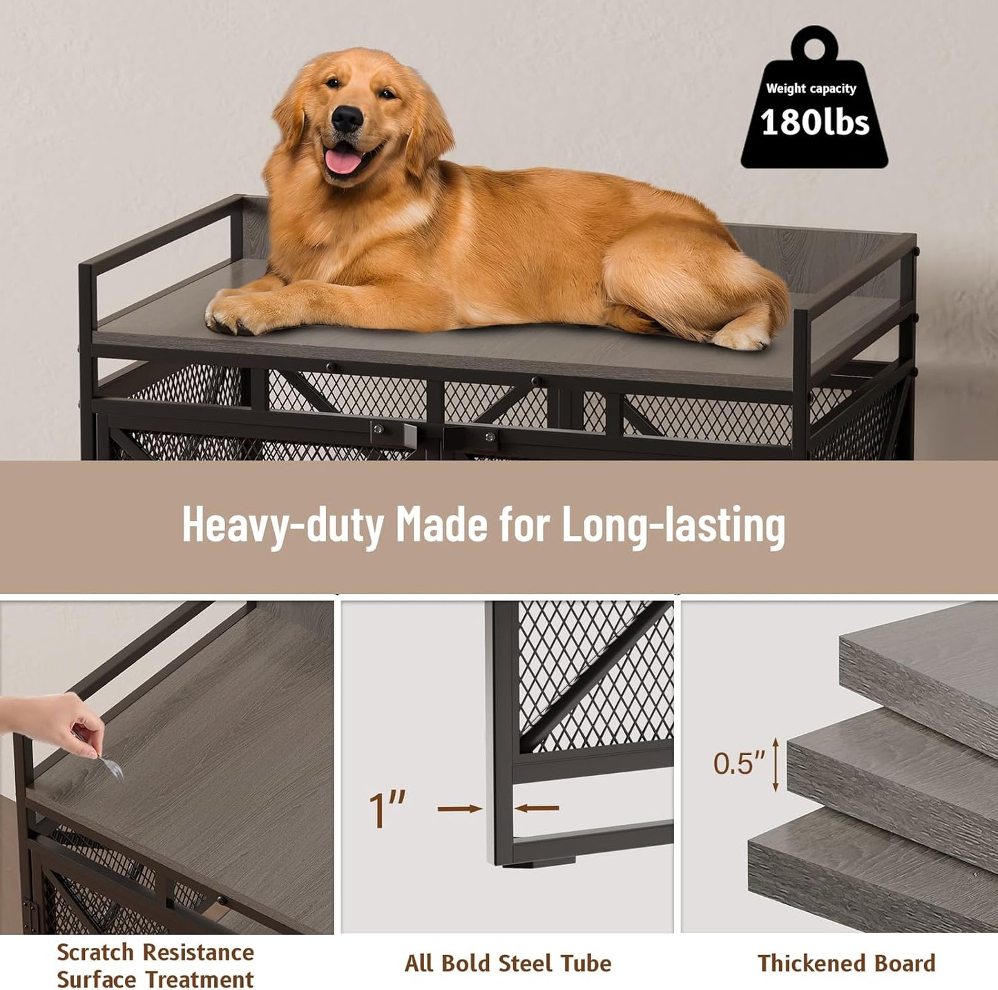 COZPAW Large Dog Crate Furniture, 48 Inch Wooden Dog Kennel for XLarge Dogs, Heavy Duty Dogs Furniture Indoor Wire Dog Cage with Caster Wheels,Decorative Pet House End Table, Textured Gray