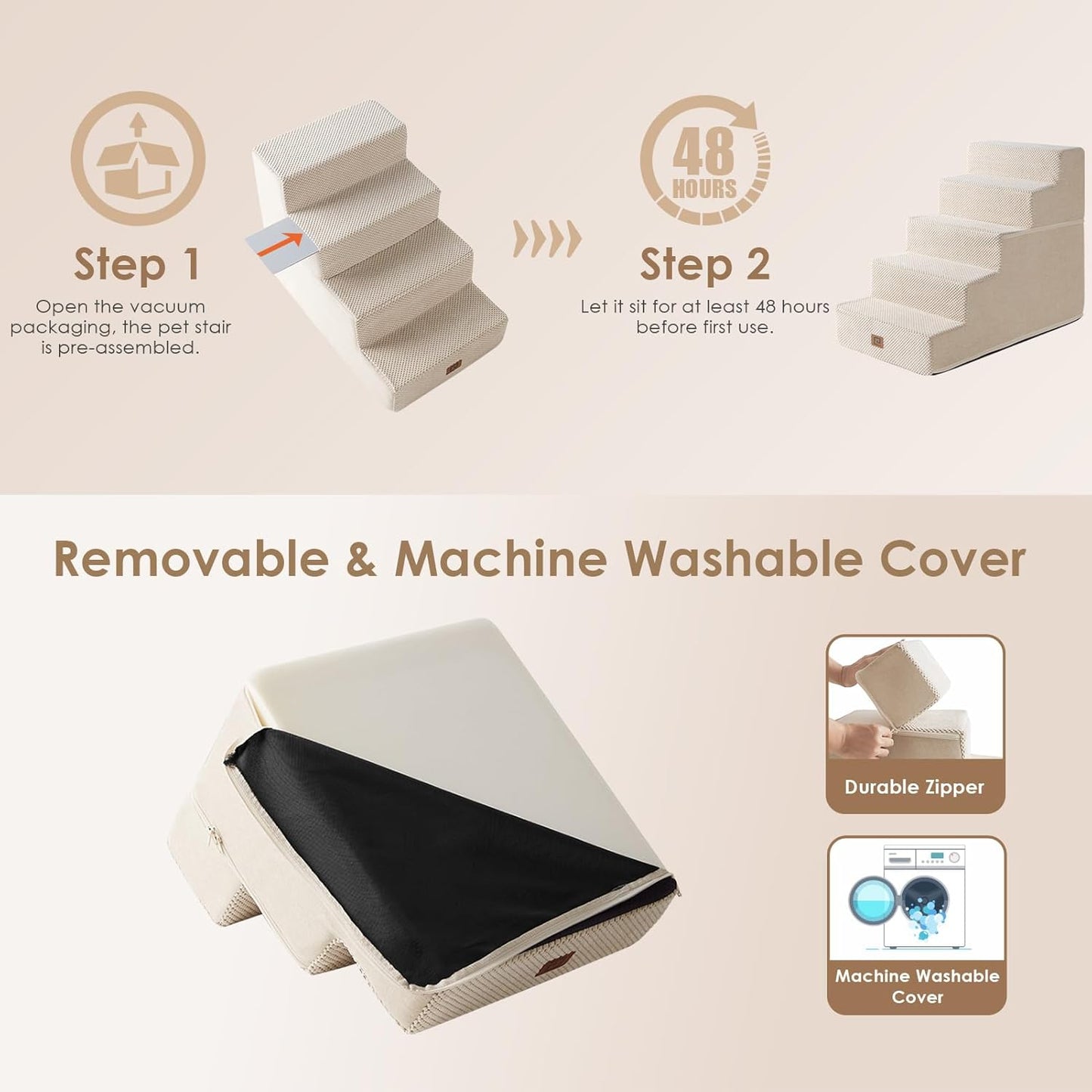 EHEYCIGA Dog Stairs for High Bed 22.5" H, 5-Step Dog Steps for Bed, Pet Steps for Small Dogs and Cats, Non-Slip Balanced Pet Ramp Indoor, Beige