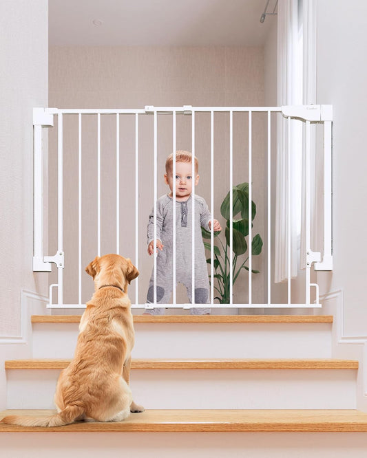 Cumbor 29.2-43" No Bottom Bar Baby Gate for Stairs, 2-in-1 Hardware Mounted Dog Gate Indoor, Auto Close Pet Gate for Doorways with Large Walk Thru Door, Wide Child-Proof Safety Gates for Kids (White)