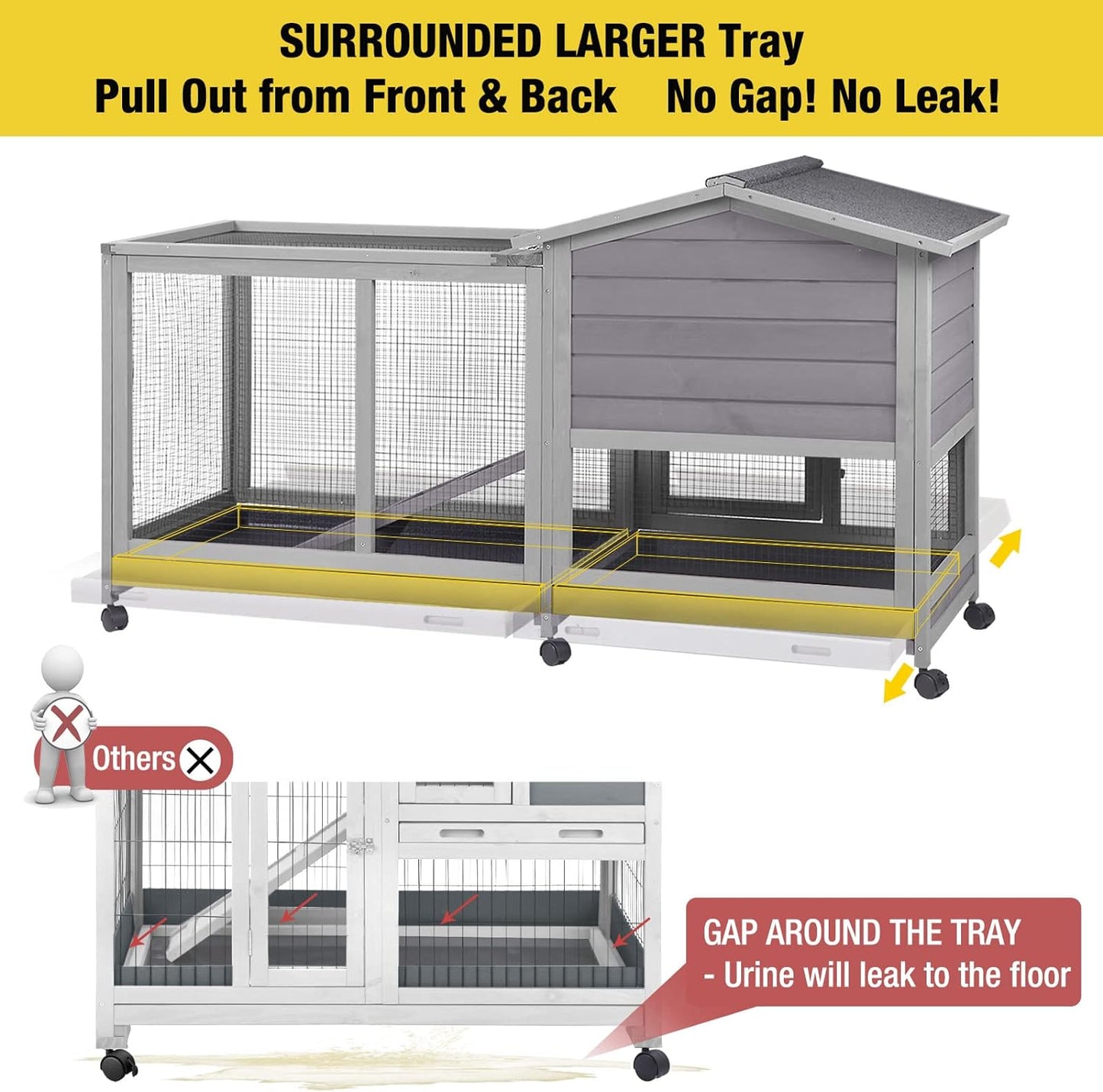 Aivituvin Rabbit Hutch Outdoor Indoor Rabbit Cage Chikcen Coop with Casters Guinea Pig Cage with 3 Deep No Leakage Pull Out Tray,Waterproof Roof