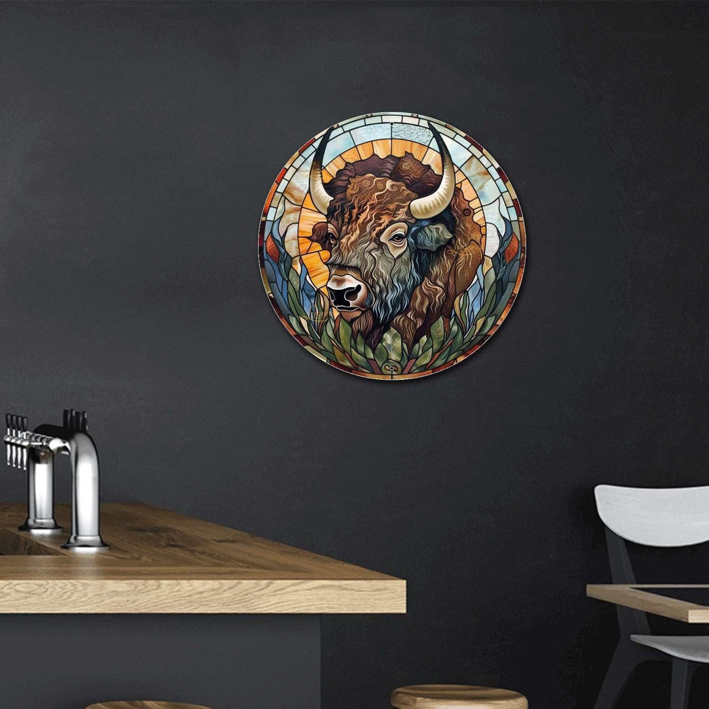 Lygond Metal Sign Tin Sign Circular Stained Glass American Bison Metal Sign for Pet 8×8 Inches