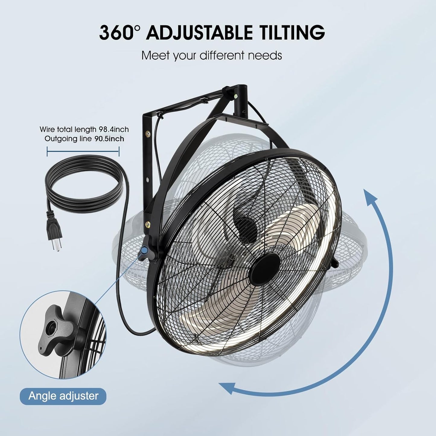 16 inch Wall Mount Fan with Lights and Remote,6-Speed Gazebo Ceiling Fan Adjustable Tilt Dimmable Wall Fan,High Velocity Industrial Outdoor Fans for Patio,Garage,Commercial,Black