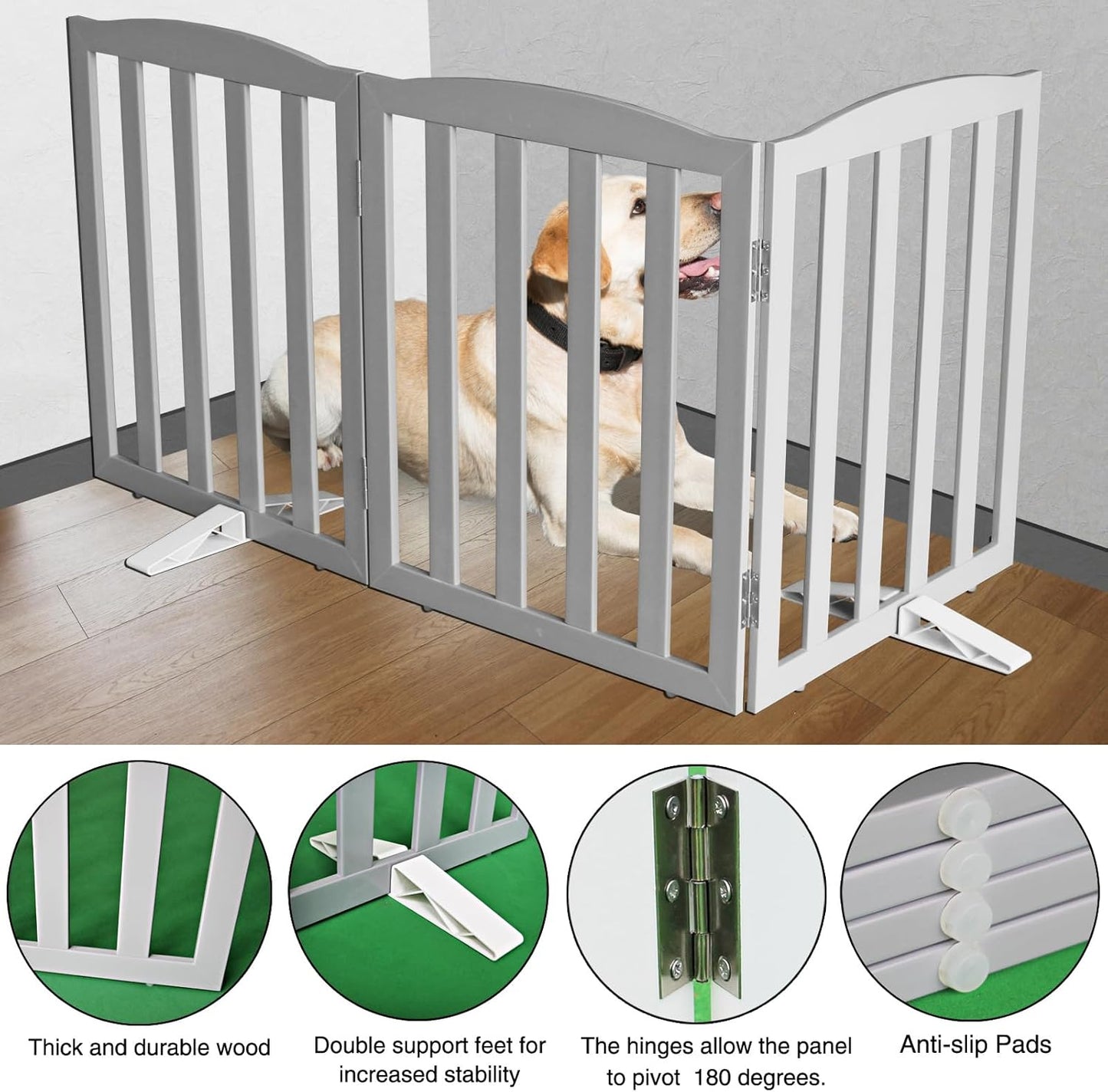 ZJSF Foldable Freestanding Indoor Dog Gate for House Wood Long Pet Gates Dog Fence for Stairs Puppy Gates for Hallways, Puppy Gate,Support Feet Included, Grey, 24 "Height-3 Panels
