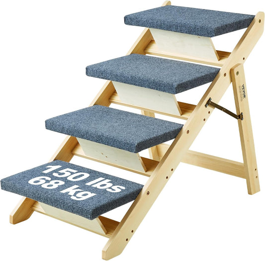VEVOR Wood Pet Stairs/Pet Steps, 2-in-1 Foldable Wooden Dog Stair for Beds, Sofa and Cars, Dog Stairs & Ramp with 4 Steps for Small Medium Large Pet, up to 150 lbs