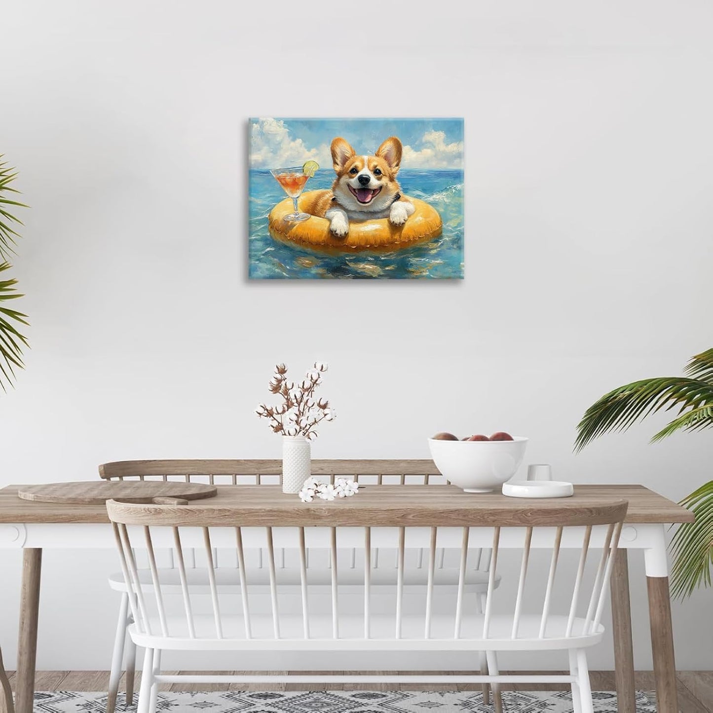 Ocean Funny Corgi Dog Pictures Wall Art, Bathroom Cute Dog Wall Decor Sea Coastal Framed Painting Beach Canvas Artwork for Bathroom Bedroom Living Room Decorations 20"L x 16"W