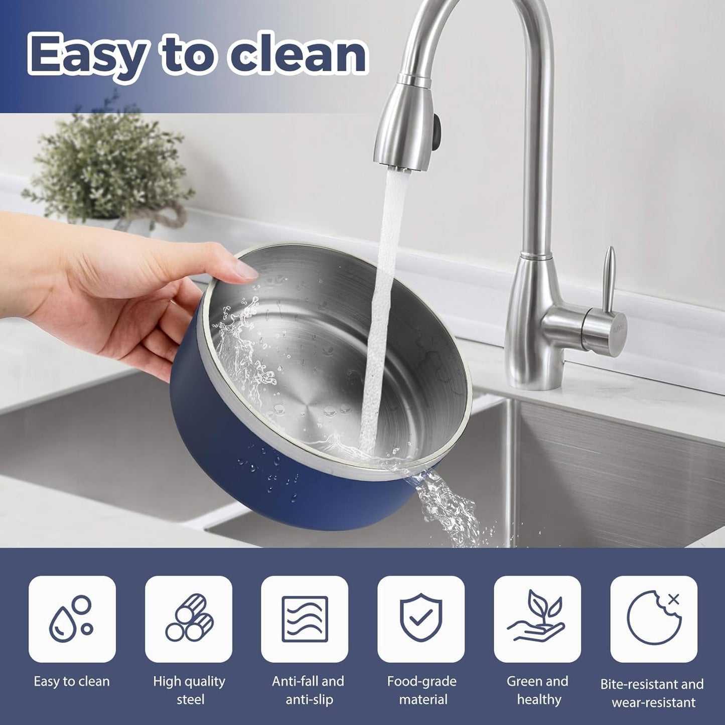 Stainless Steel Dog Bowl, Metal Water and Food Dish for Large Dogs, Insulated Non-Slip Pet Bowl, Easy Clean, 40oz, Blue