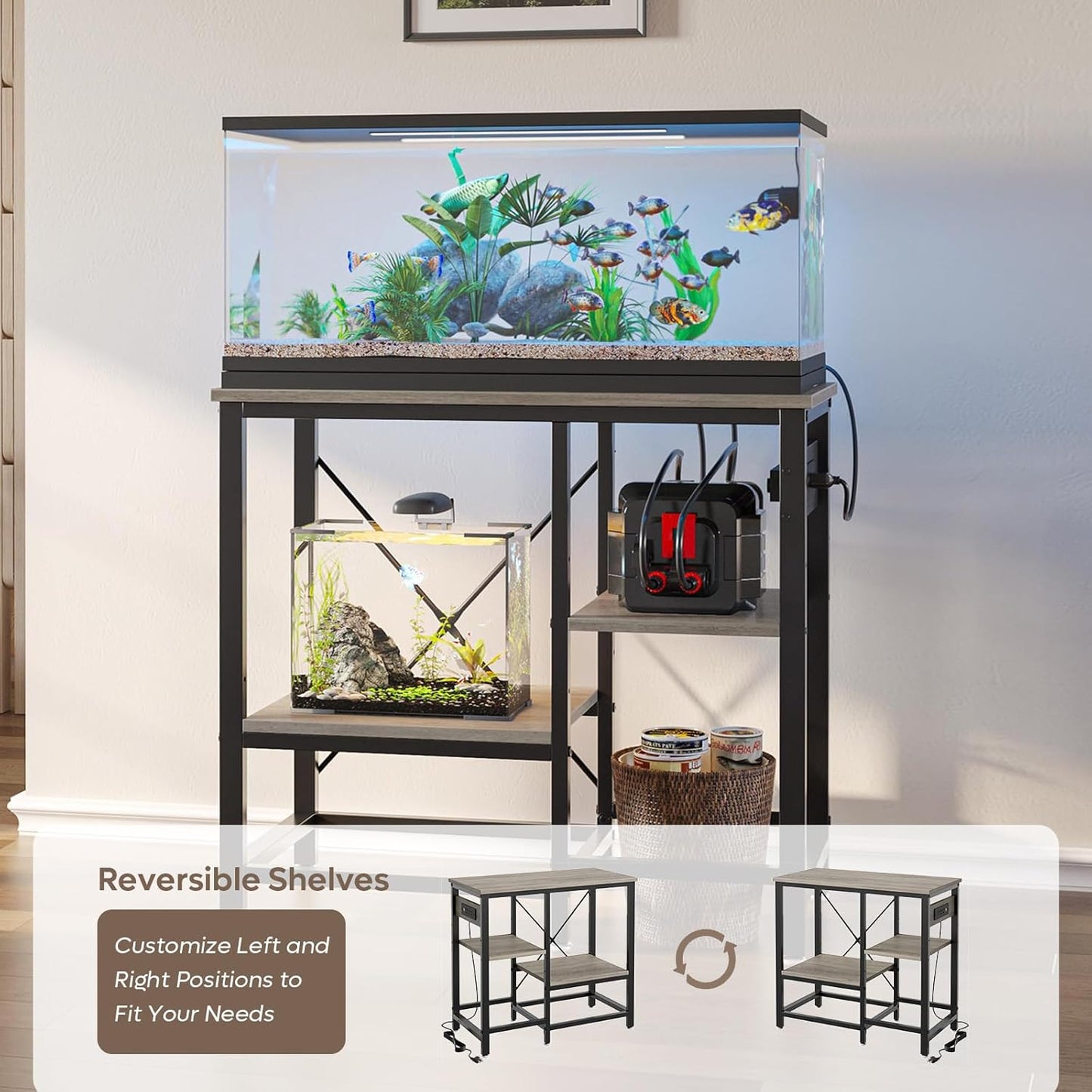 20-29 Gallon Fish Tank Stand with Power Outlets, 30.7 x 13.8 Metal Aquarium Stand with 3-Tiers Adjustable Storage Shelves, 6-Legs Reptile Terrarium Stand, 400 LBs