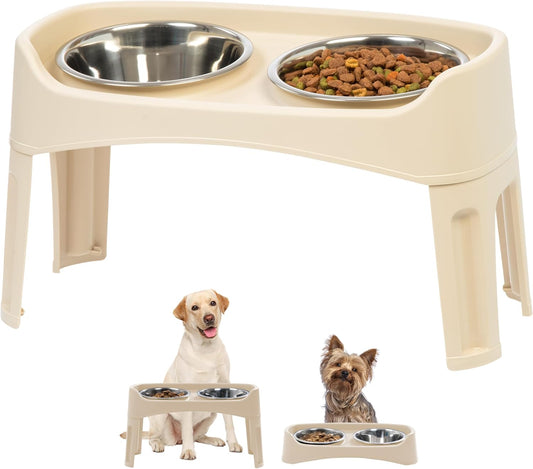 IRIS USA Elevated Dog Bowls, Adjustable Height, 2 Thick 64 oz Stainless Steel Bowls, Spill-Proof with Raised Outer Rim, Durable Made in USA Plastic, Easy Assemble, 2 Heights 4.63" or 12.25" Almond