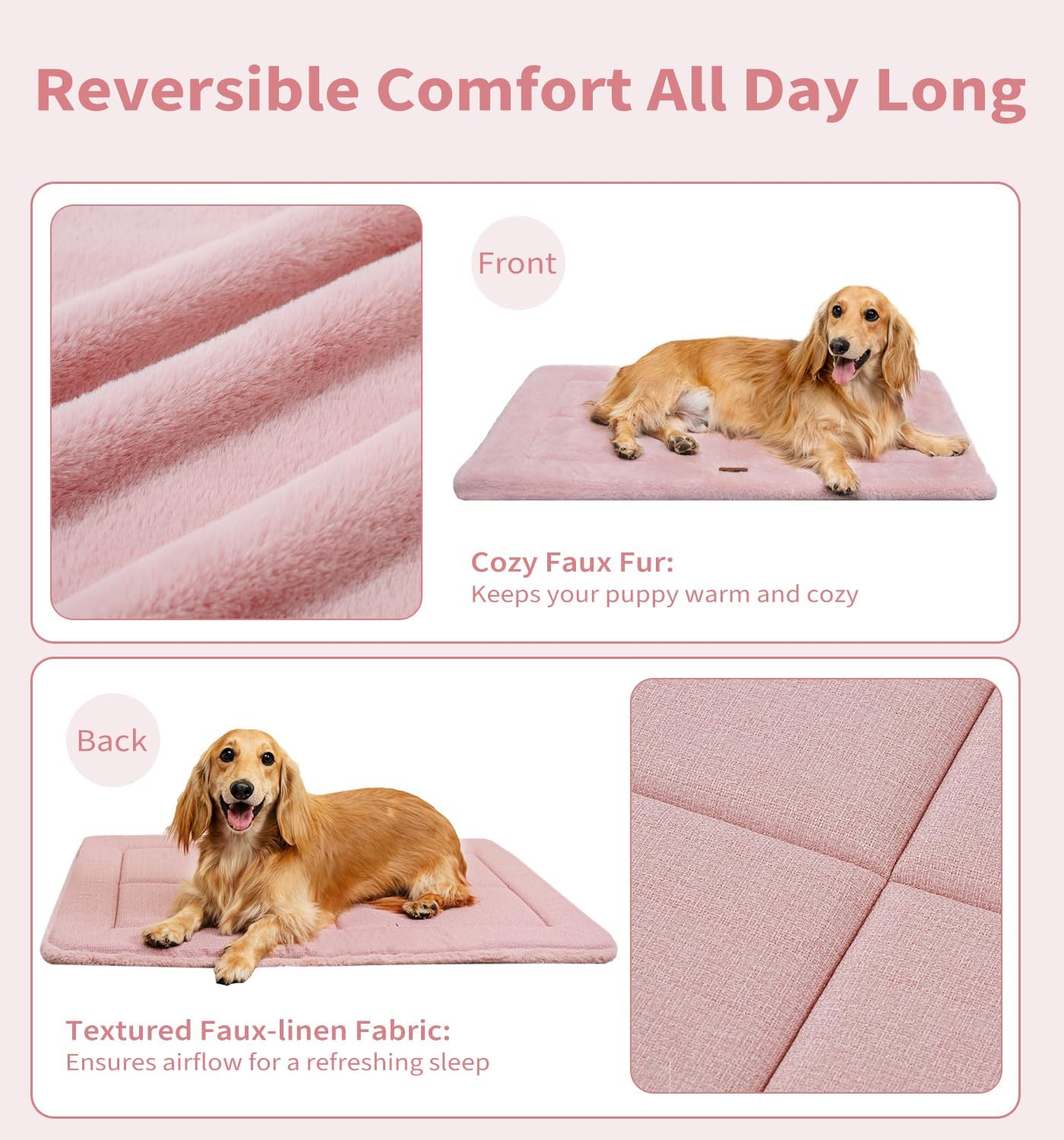 Made4Pets Dog Crate Pad Bed for Extra Large Dogs, Washable & Reversible, Anti-Slip Kennel Mat for Cozy Sleeping, Soft Fluffy Dog Bed for Indoor & Outdoor Use, 48"x30", Pink