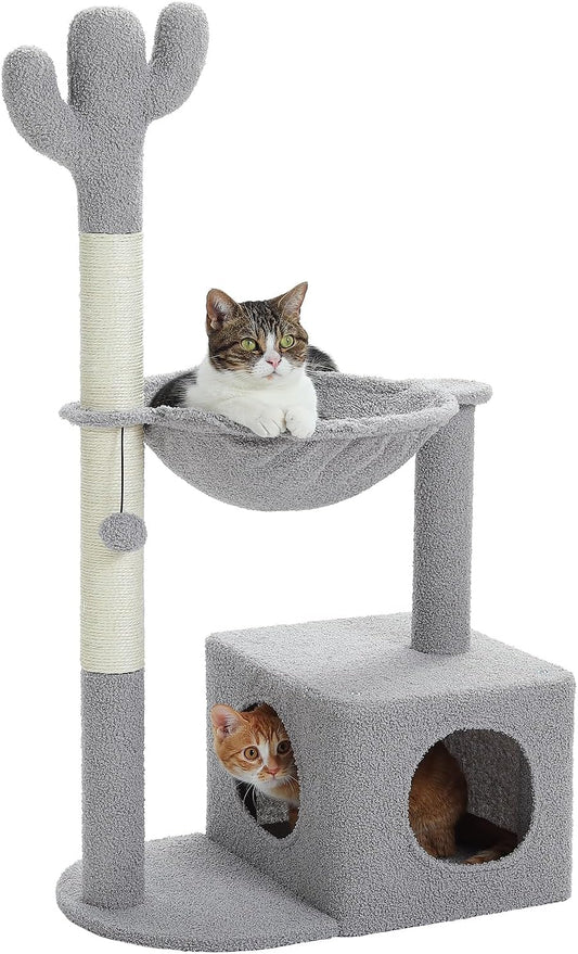 Cactus Cat Tree Cat Scratching Post 40" Cat Tower with Large Metal Carpet Hammock, Cat Scratching Post for Indoor Cats with Condo& Dangling Ball, Grey