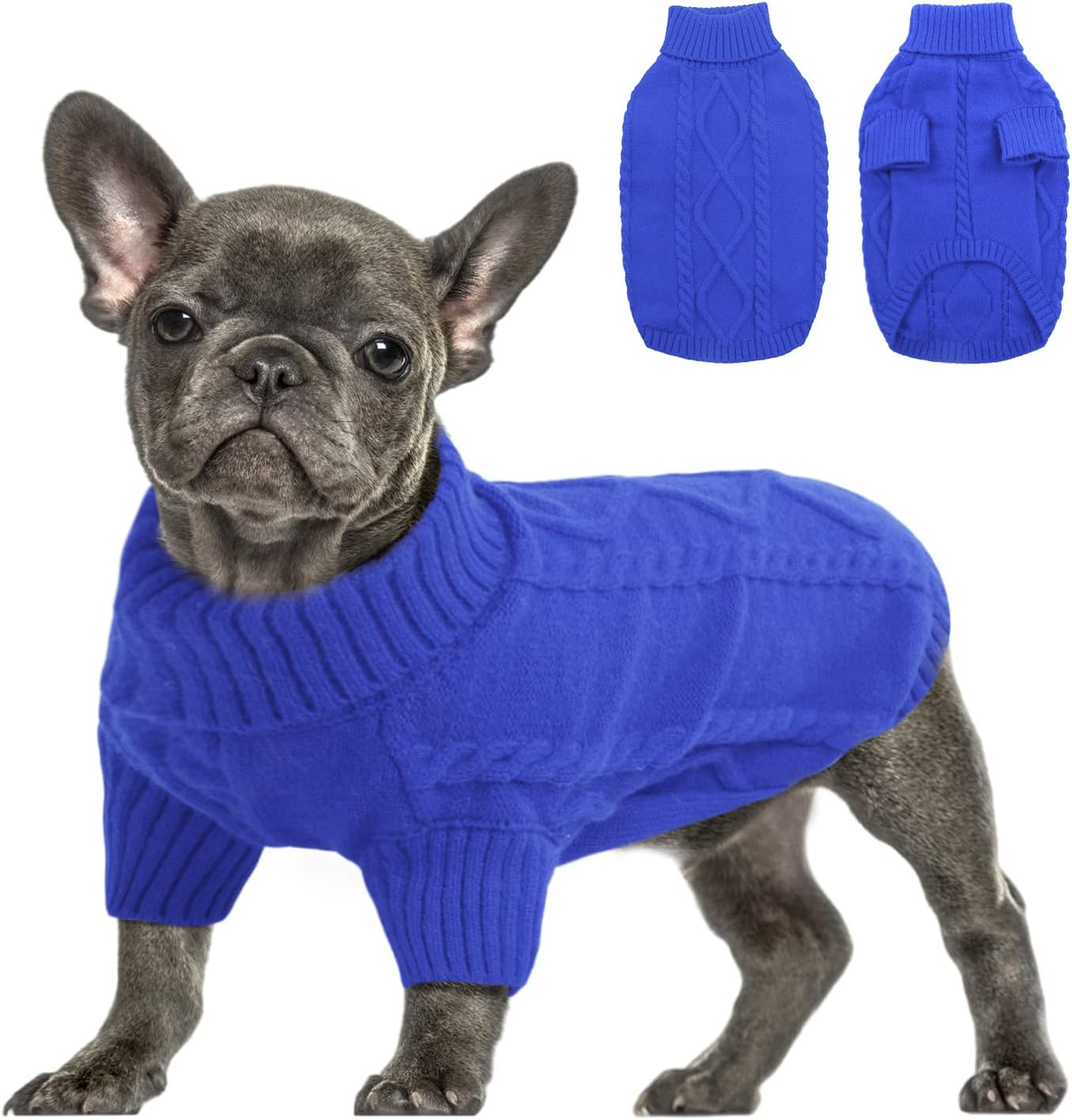 Queenmore Small Dog Pullover Sweater, Cold Weather Cable Knitwear, Classic Turtleneck Thick Warm Clothes for Chihuahua, Bulldog, Dachshund, Pug (Royal Blue, Large)