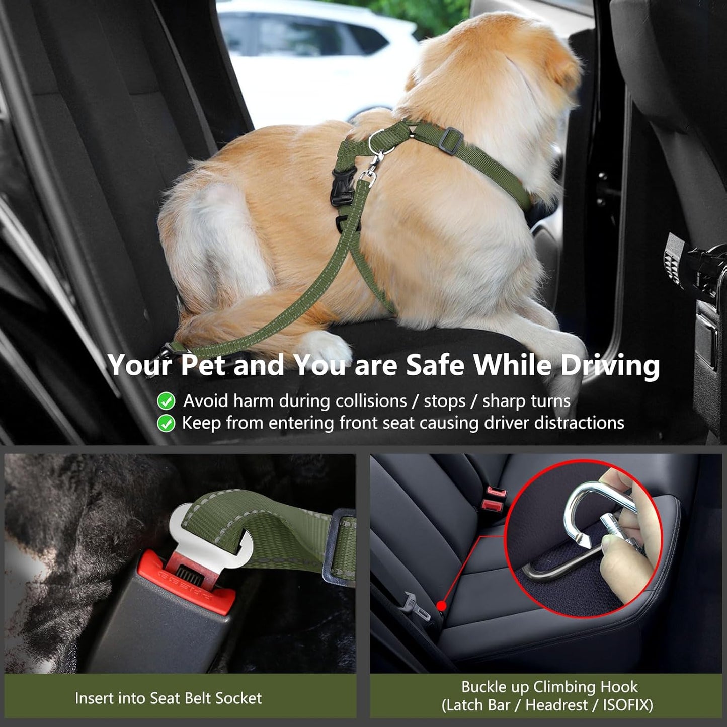 Dog Seat Belt Harness for Car, Dog Car Harness Adjustable Mesh Breathable & Dogs Seatbelt Safety Tether with Elastic Bungee for Small Medium Large Pets(Army Green, XL)