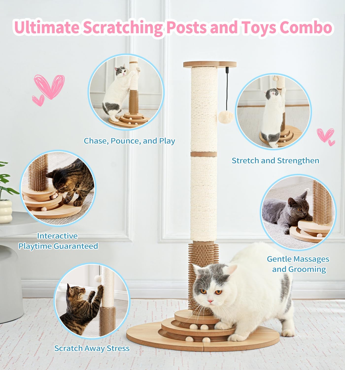 Made4Pets Cat Scratching Post Premium Sisal Cat Scratcher Kitten Toys for Indoor Kittens 33.6" Tall Cat Tower Scratch Post Cat Tree Wooden Interactive Ball Track Cat Toy with Hanging Ball, Beige