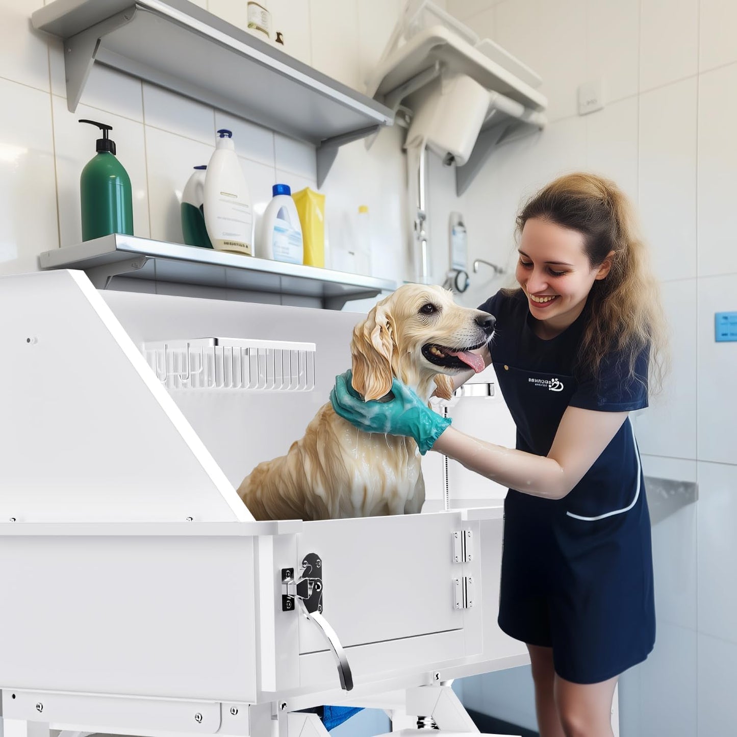 38" Dog Washing Station, Professional Stainless Steel Dog Bathing Station Dog Bathtub for Large & Medium Dog, Height Adjustable Dog Grooming Tub with Storage Basket, Movable Stair (Left Stair)