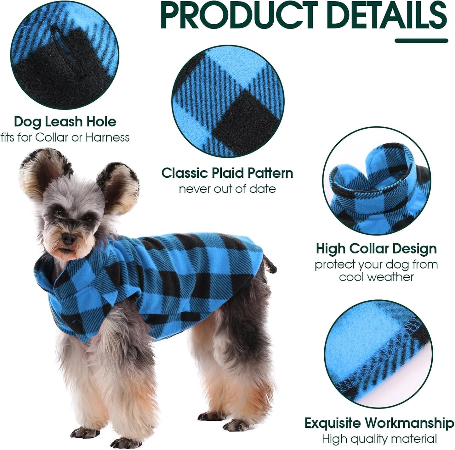 Kuoser Dog Fleece Vest,Warm Plaid Dog Sweater with Leash Hole,Soft Turtleneck Winter Pet Jacket Dogs Coat Pullover Clothes for Small Medium Dogs Cats,Spring Fall Cold Weather Christmas Outfit,Blue XXS