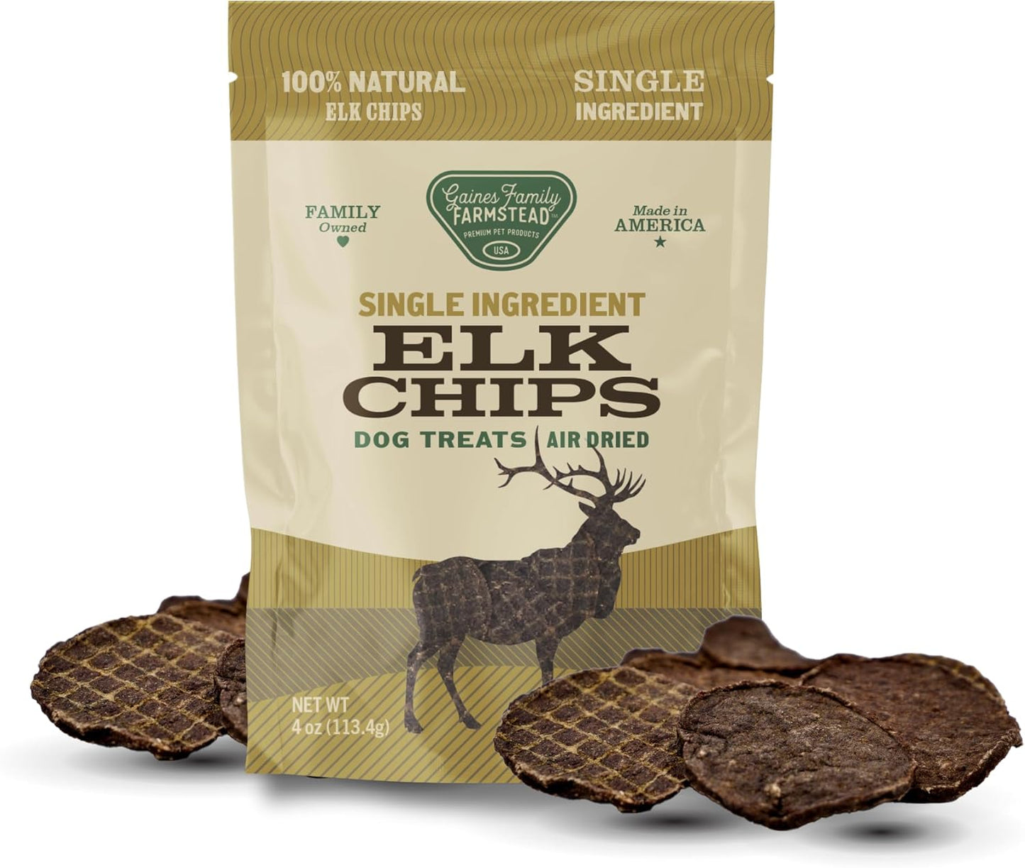 Gaines Family Farmstead Elk Chips for Dogs – 4 oz, Natural Single-Ingredient Dog Treats, High-Protein Rawhide-Free Chews, Healthy Grain-Free Snacks, Made in USA