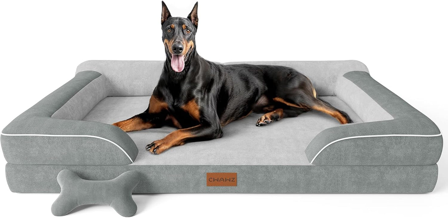 XXL Dog Bed for Extra Large Dogs, Giant Orthopedic Dog Bed with Cooling Gel Memory Foam, Waterproof Pet Bed with Removable Washable Cover, 53" Pet Sofa bed Dutch Velvet with Bone Toy, Light Gray