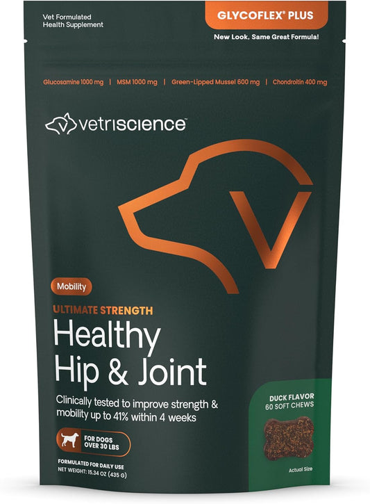 VetriScience Ultimate Strength Healthy Hip & Joint Chews, GlycoFlex Glucosamine, Chondroitin and Green-Lipped Mussel Joint Support Supplement for Dogs, Soothe Joint Discomfort, Duck, 60 Count
