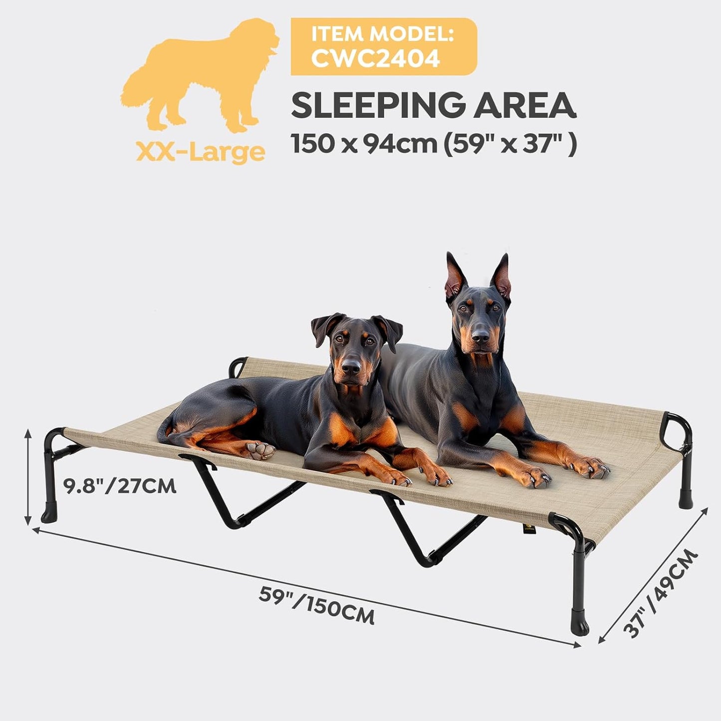 Veehoo Portable Elevated Dog Cot, 59" x 37" Extra Large Raised Cot for Large Dogs, With Breathable Mesh & Non-Slip Feet, Suitable for Outdoors & Camping, Beige & Coffee