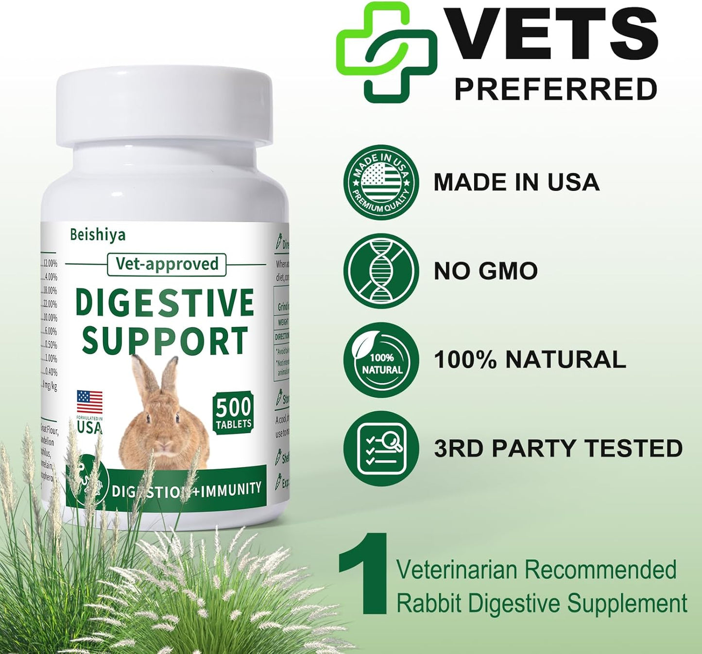 500 Tablets, Digestive Support Rabbit, Support GI Stasis, Bloat, Constipation, and Diarrhea, Strengthens Immune System, Premium Formula with High Fiber, Vitamins and Probiotics, Non-GMO