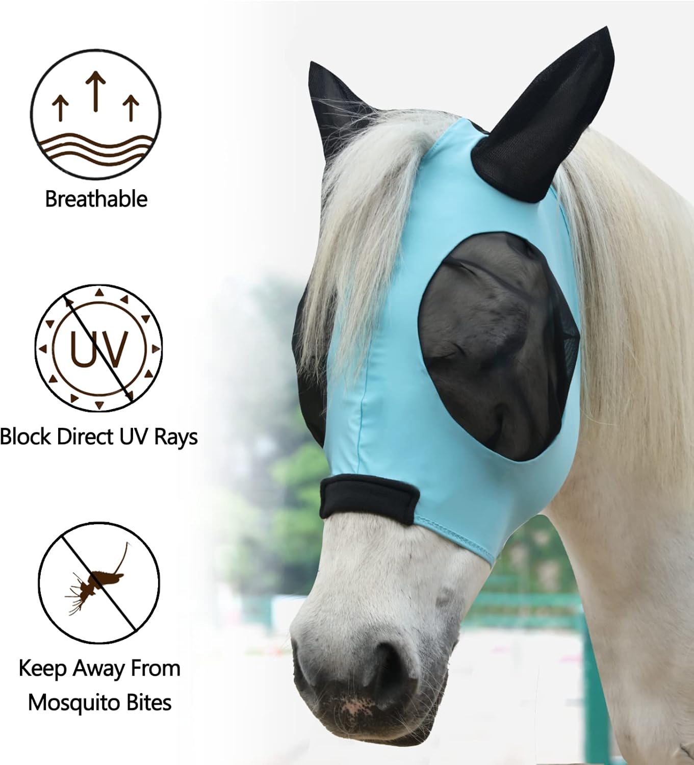 Horse Fly Mask with Ears - Large Eye Space for Full Vision, Breathable Stretch Comfort Fit, UV Protection, Forelock Opening, Easy Pull-On Paleblue Pony