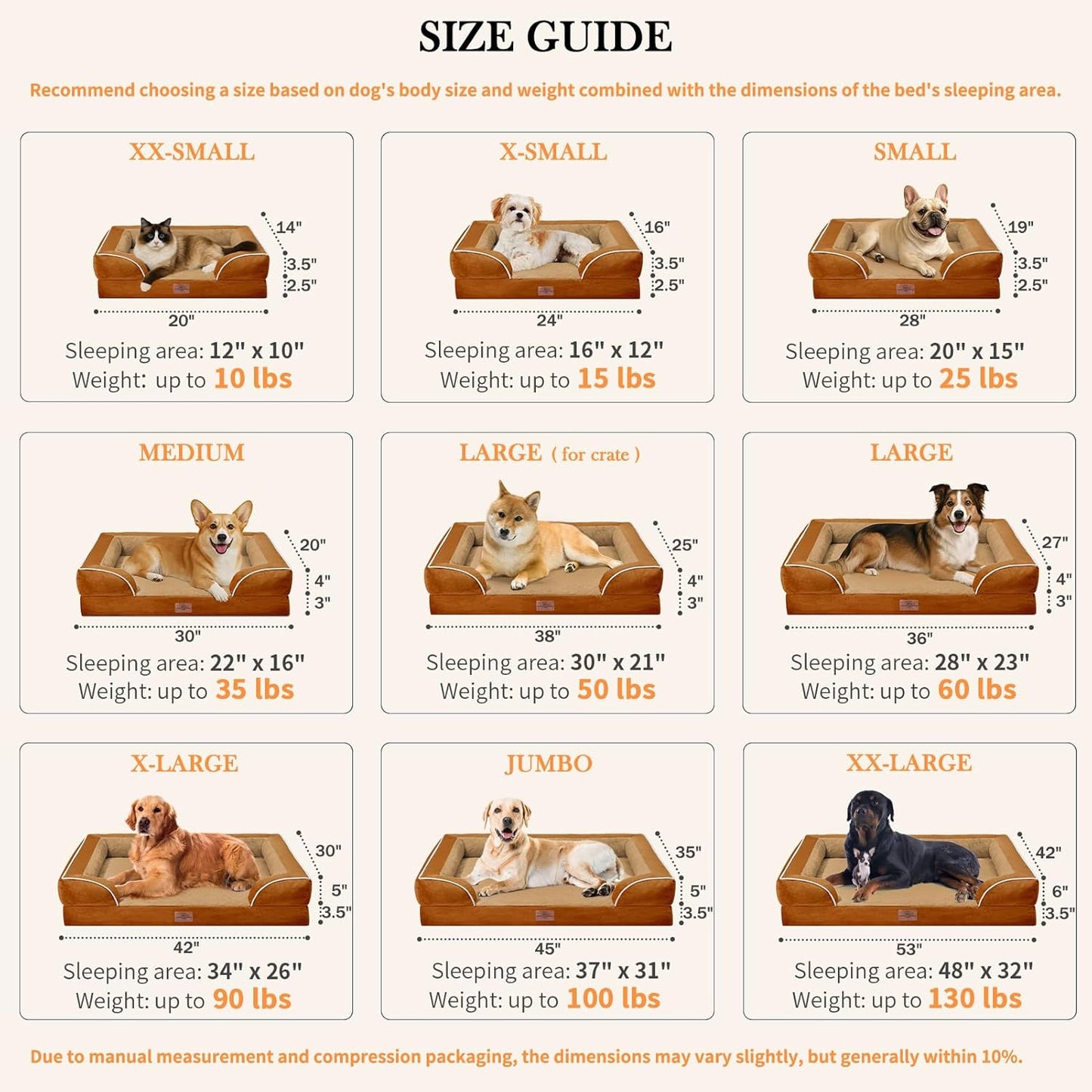 Comfort Expression Waterproof Dog Bed, XXL Dog Bed Orthopedic Foam, Waterproof Pet Sofa Couch with Washable Removable Cover & Non-Slip Bottom(XX-Large,Caramel)