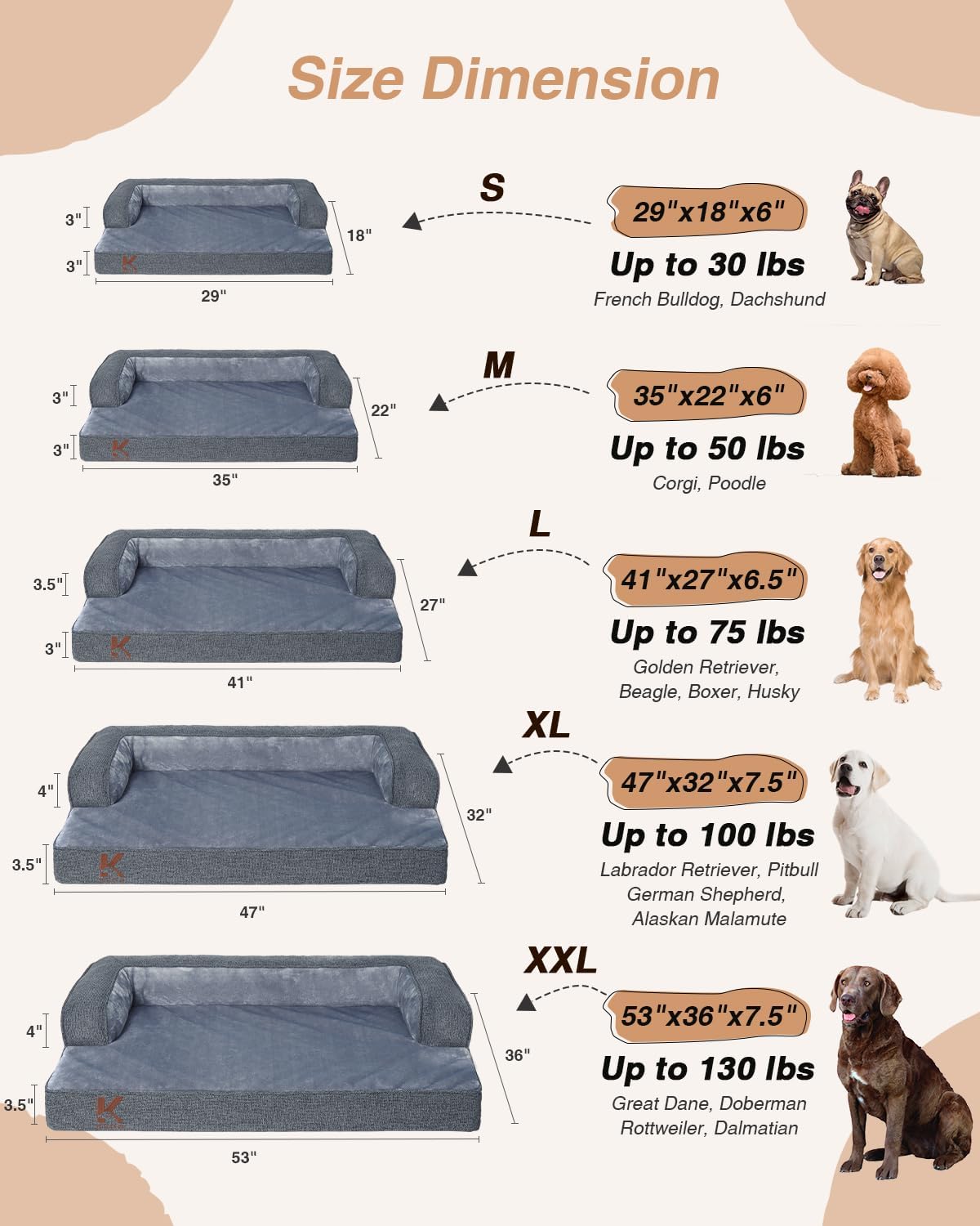 KSIIA Orthopedic Dog Bed for Medium Size Dog，Washable Pet Sofa with U-Shaped Bolster Removable Waterproof Cover Non-Slip Bottom and Egg-Crate Orthopedic Foam Pet Couch Bed, 35 x 22 Inch, Dark Gray
